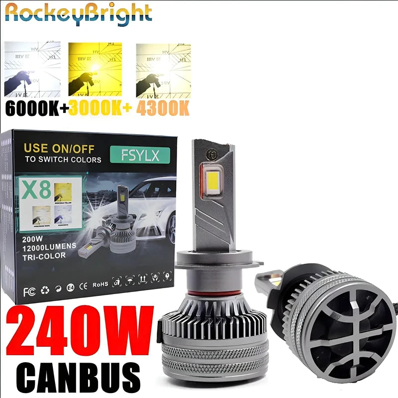 X8 240W LED Headlights 30000LM High Brightness Car Fog Light 4300K 6000K 3000K 3 Color Com