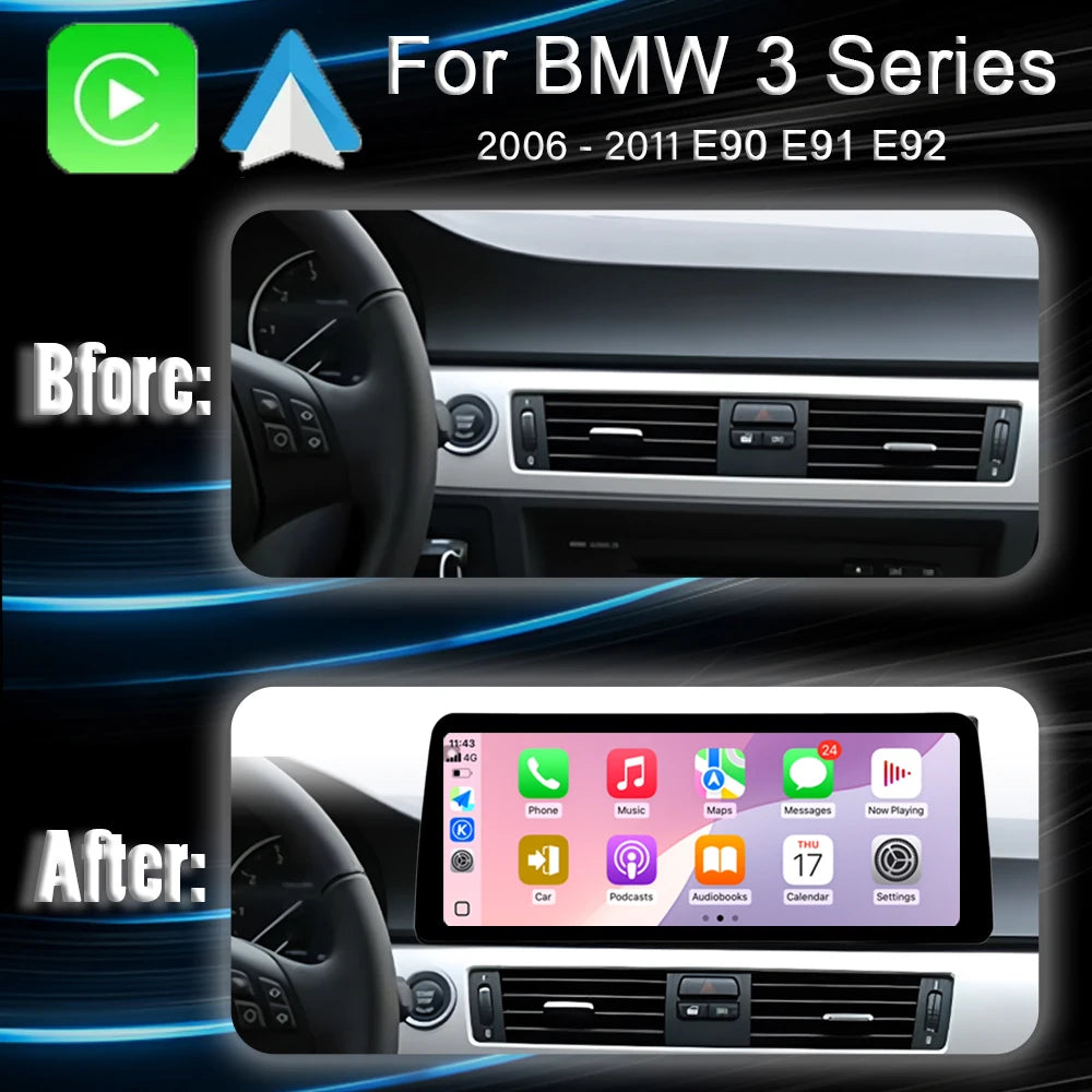 Wireless CarPlay Android 14 Auto Car Multimedia Player For BMW 3 Series E90 E91 E92 withou