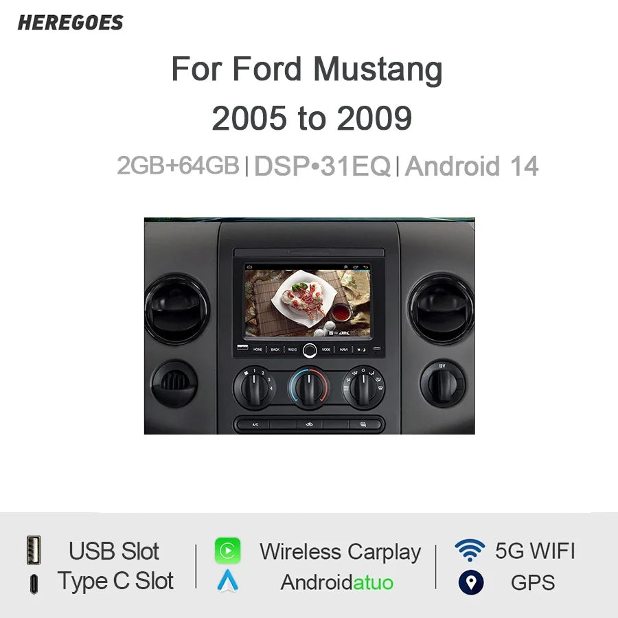 7" Android Car Radio GPS Type-C Wireless CarPlay Android Auto for Ford Mustang 2005-2009 - Bluetooth Steering Control