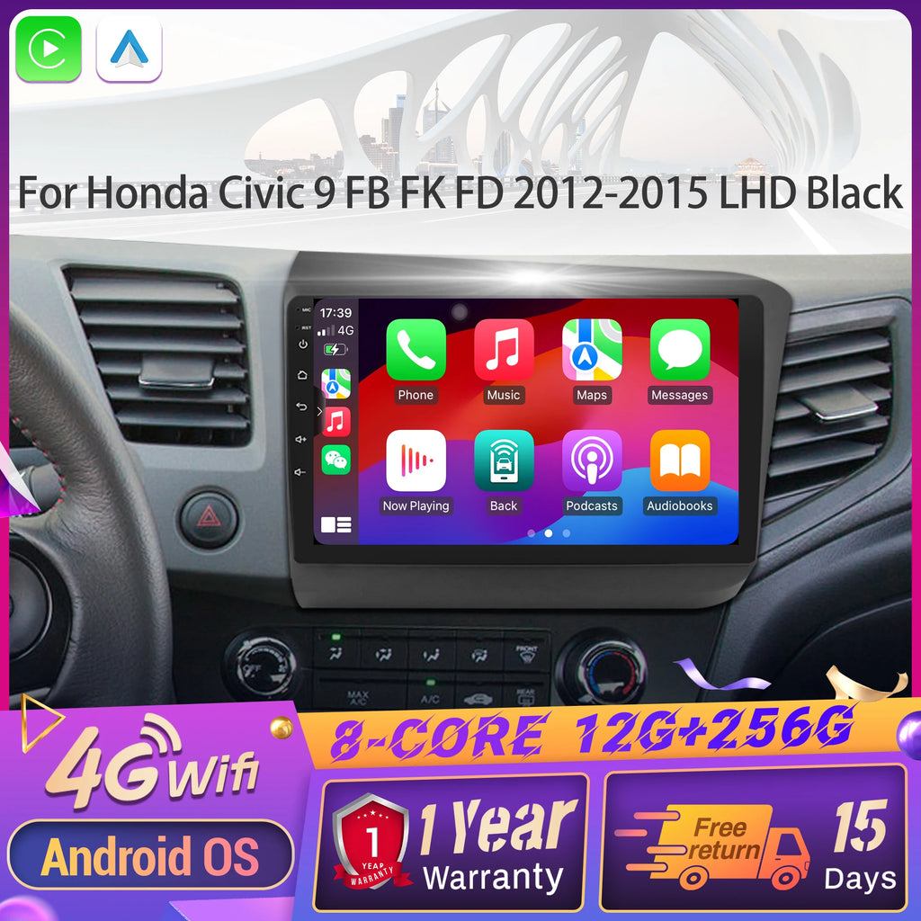 For Honda Civic 9 FB FK FD 2012-2015 LHD Black Android 14 Car Radio Multimedia 4G Wireless