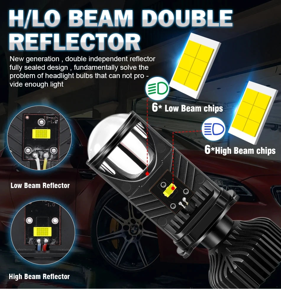 H4 LED Projector Lens Headlight Car LED Headlight Canbus 6000K Hi/Lo Beam Bulb with Turbo