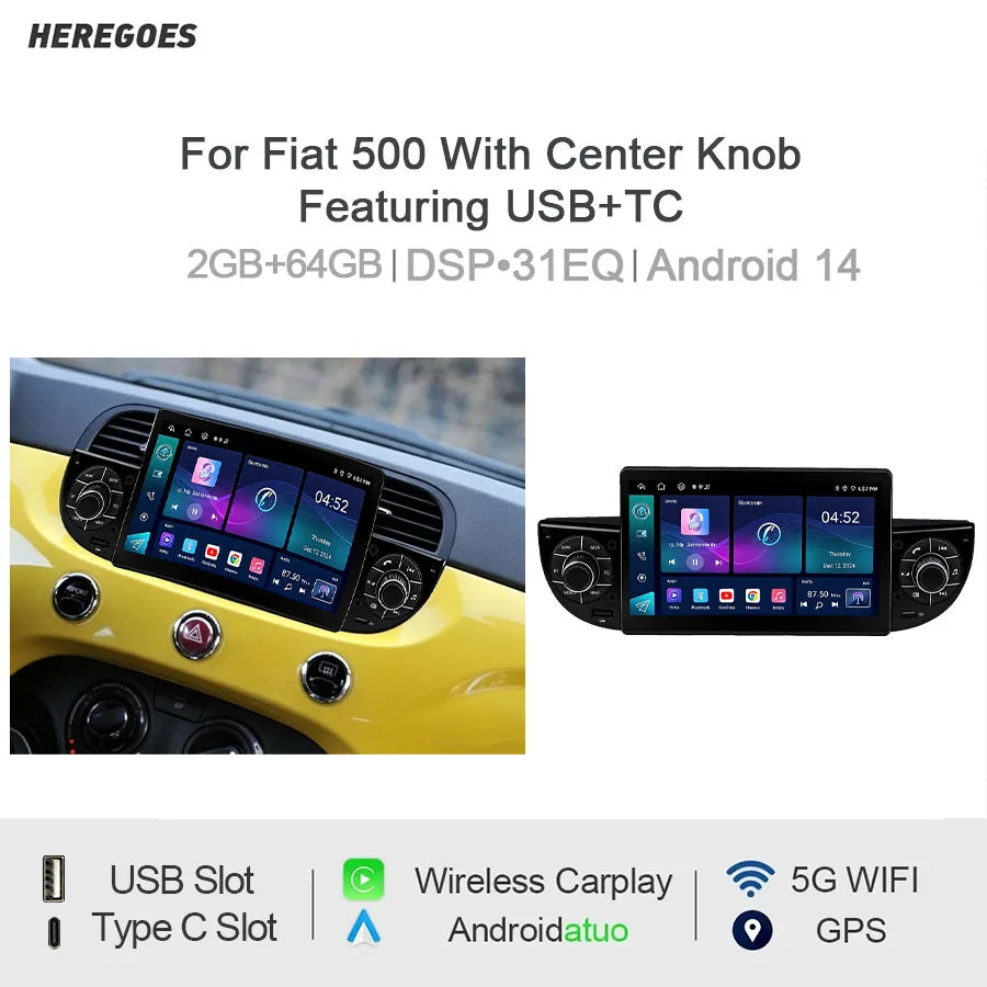 7" Android Car Radio GPS Type-C for Fiat 500 with Center Knob - USB CarPlay Android Auto Bluetooth Steering Control