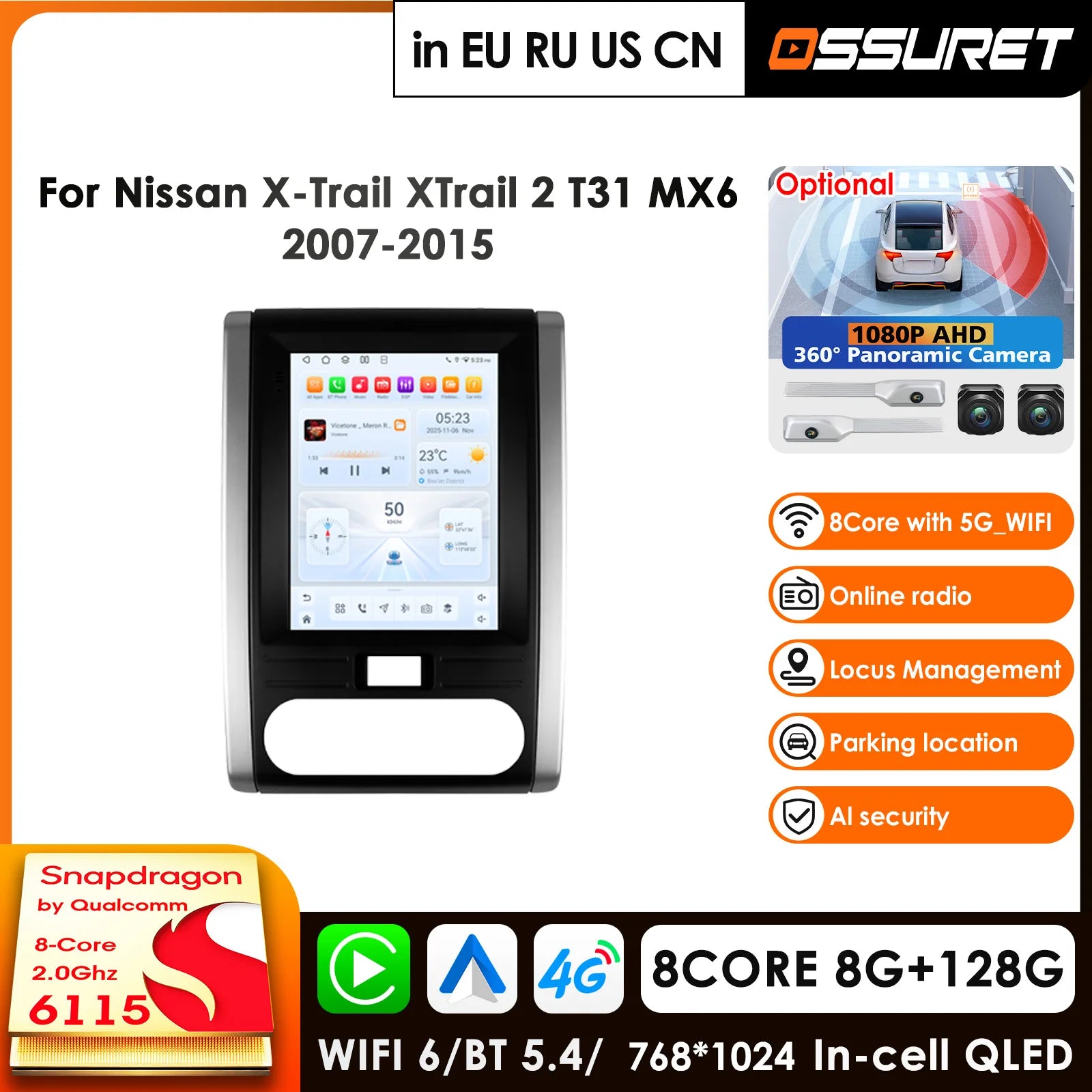 12.3" Car Radio GPS for Nissan X-Trail T31 2007-2015 Wireless CarPlay Android Auto 360° Camera Head Unit