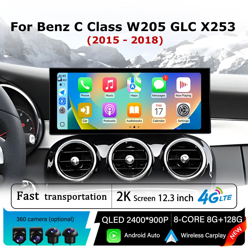 Android 14 for Mercedes Benz C Class W205 GLC X253 2015 - 2018 Wireless Carplay Car Multim