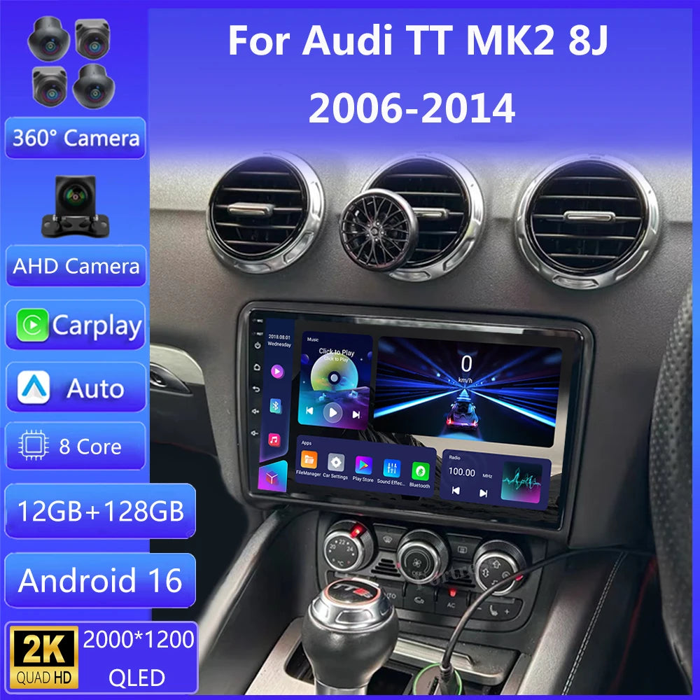 Android 16 Carplay Auto 2 DIN Intelligent System For Audi TT MK2 8J 2006 - 2014 Car Radio