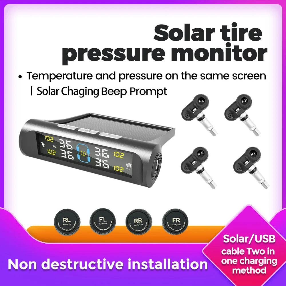 Solar Power USB Charge TPMS Car Tire Pressure Alarm Monitor System Auto Security Alarm Sys | AUTOKITSHOP