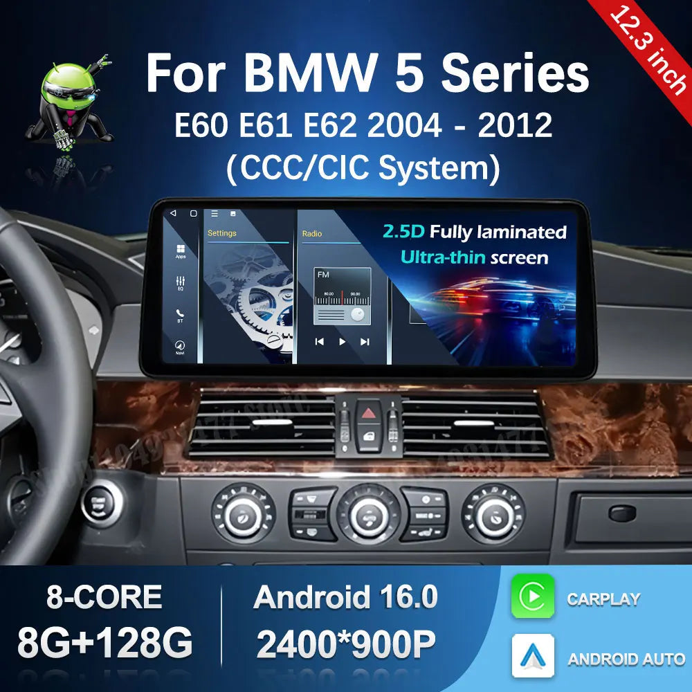 12.3 '' Ultra-thin Screen Android 16 BT for BMW 5 Series E60 E61 E62 2004 - 2012 CIC CCC S