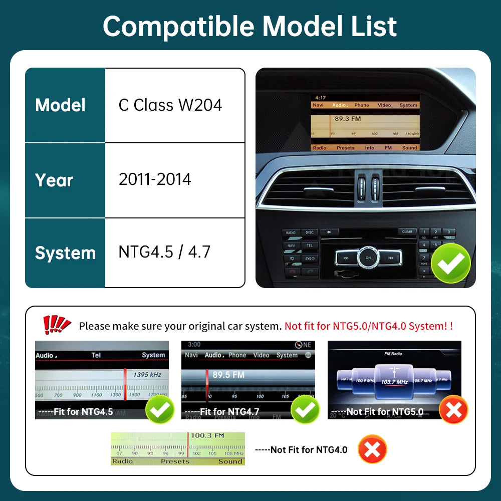 RoadTop Wireless CarPlay for Mercedes Benz C Class W204 2011-2014, with Android Auto Mirro