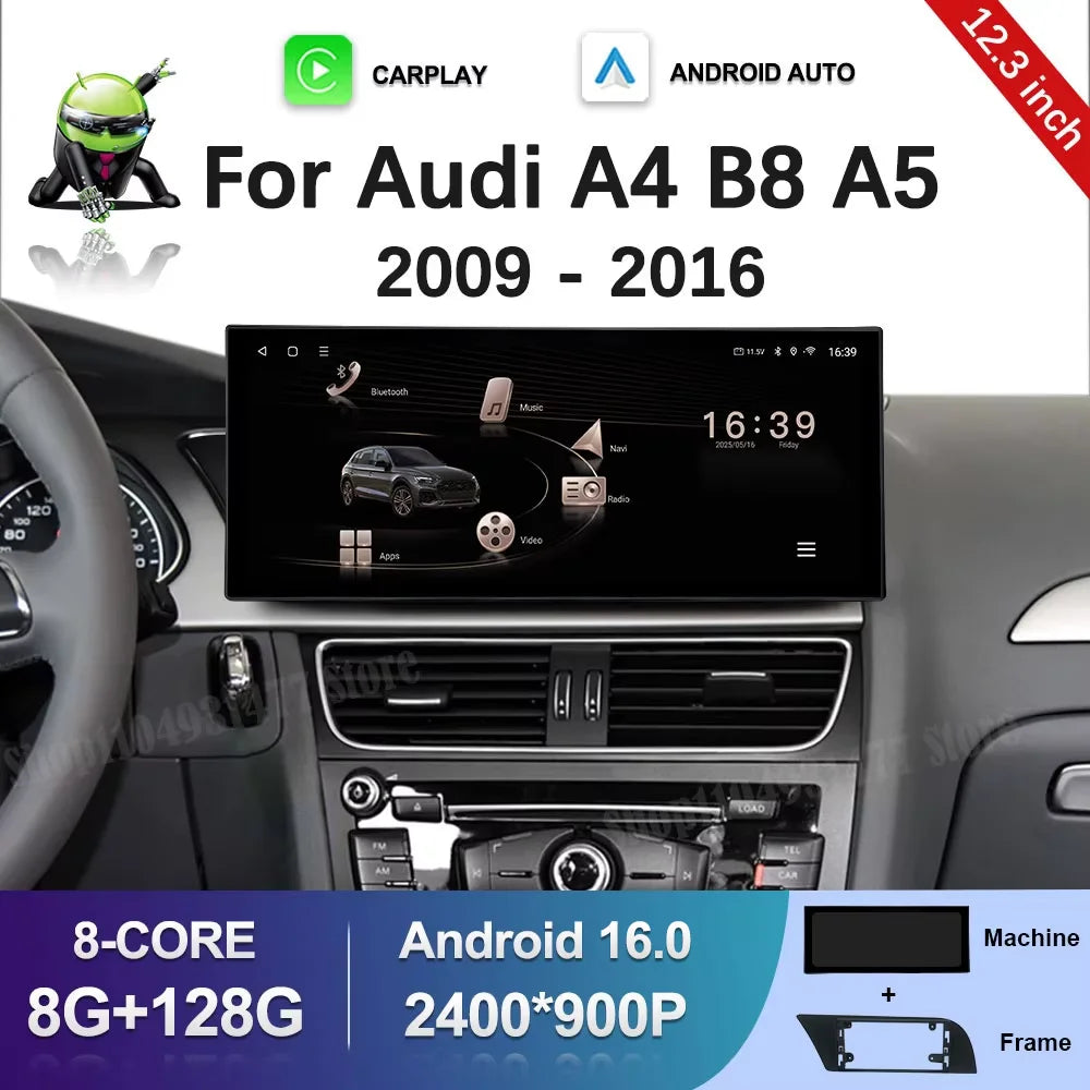 12.3 '' Ultra-thin Screen GPS Android 16 for Audi A4 B8 A5 2009 - 2016 BT Car Video Radio