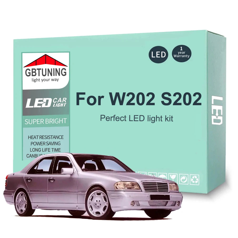 11-Piece LED Interior Light Kit for Mercedes Benz C Class W202 S202 C200 C230 C250 1993-2000 - Canbus Dome Map Door T...