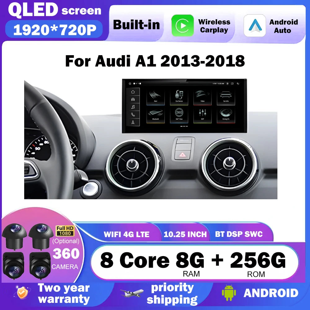 Carplay Android Auto 10.25" For Audi A1 2012-2018 Car Multimedia Player WIFI 4G BT Stereo