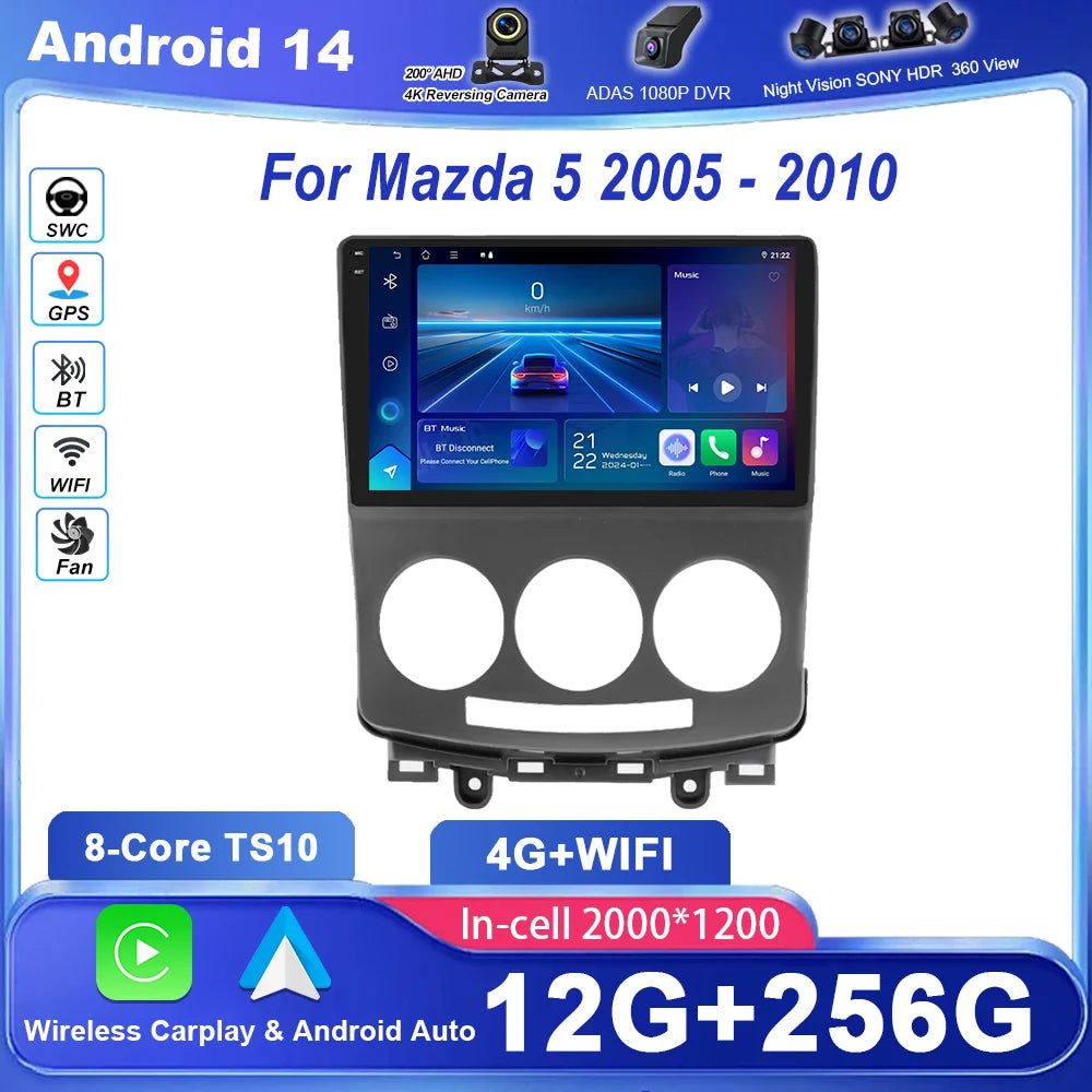 Car DVD Android 14 Radio Stereo For Mazda 5 2005 -2010 Auto Multimedia Player GPS Navigati