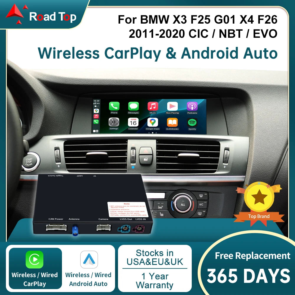Road Top Wireless CarPlay for BMW CIC NBT EVO X3 F25 G01 X4 F26 2011-2020 with Android Aut