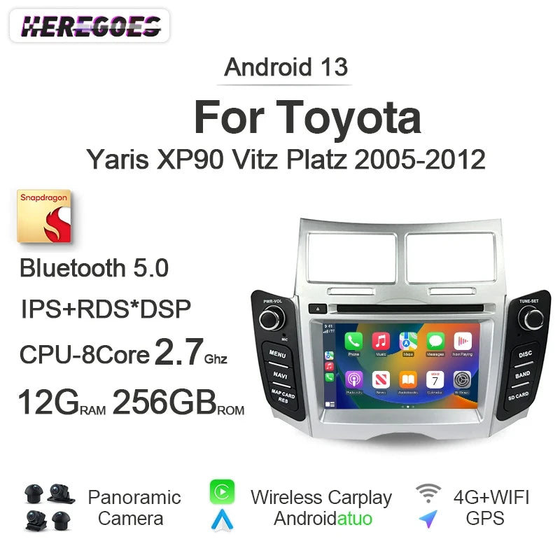 12.3" Car Radio GPS Android 14 2 Din Autoradio with Carplay Bluetooth WiFi 4G LTE for Toyota Yaris 2005-2011 - 8 Core 25