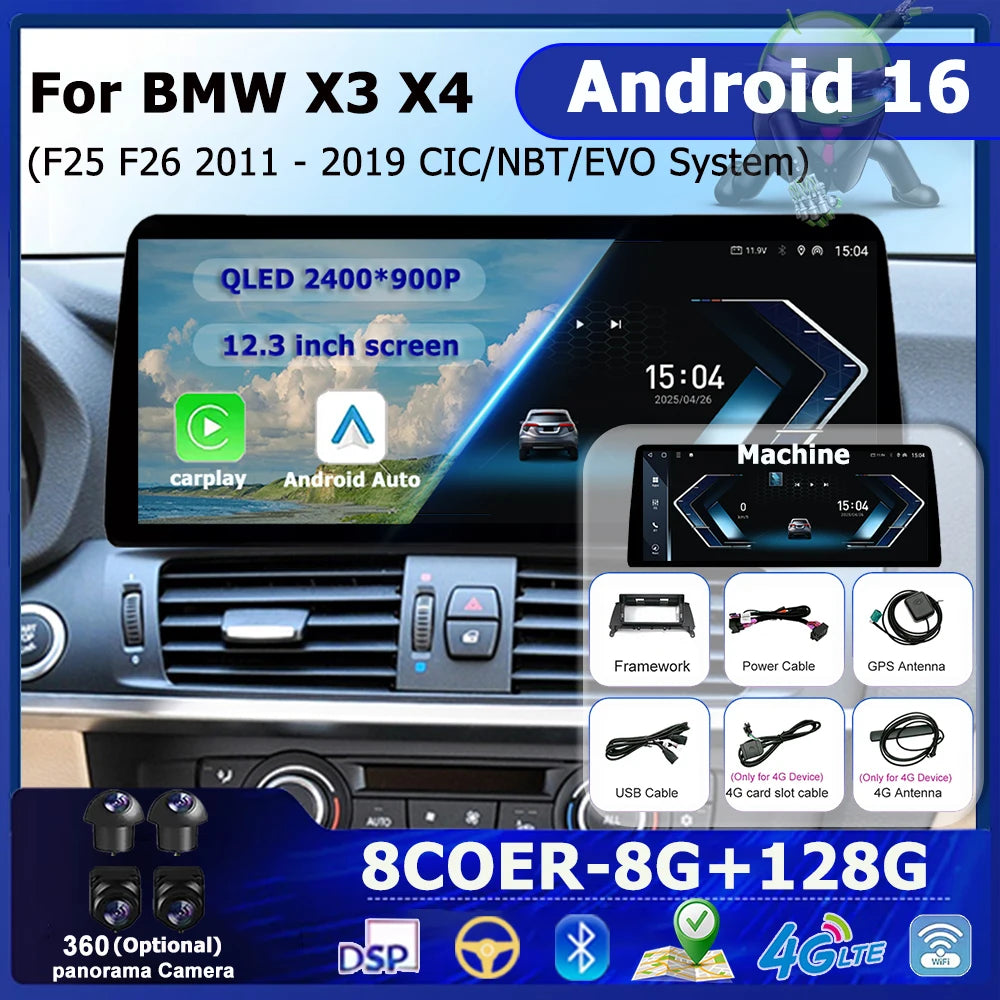Android 16 For BMW X3 X4 F25 F26 2011 2012 2013 - 2019 CIC NBT EVO System GPS Car Audio Vi