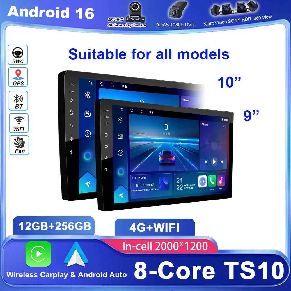 Android 16 CarPlay car radio Android Auto GPS multimedia player 2 DIN universal 9/10 inch