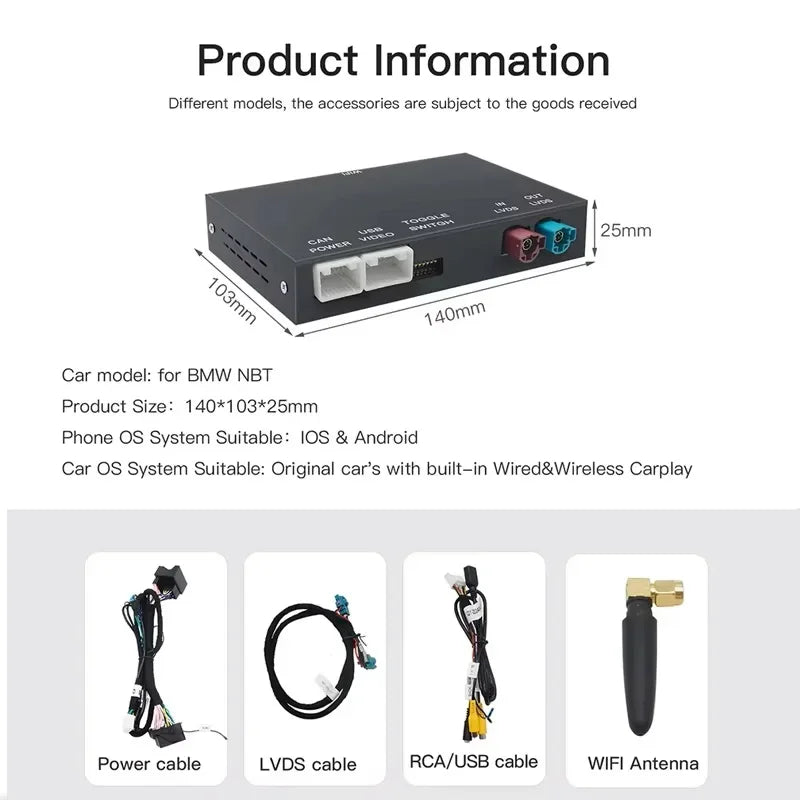 Wireless CarPlay Android AutoCarPlay Android Auto pour BMW NBT i3, I01,2013-2017 GPS, Auto