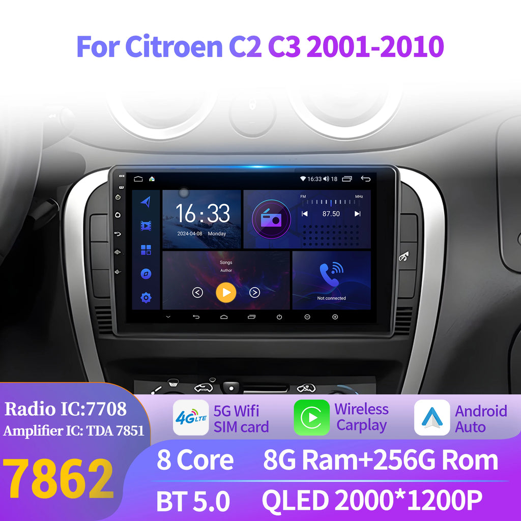 For Citroen C2 C3 2001-2010 Android 14 Navigation GPS Radio 2 Din Wireless BT Carplay Mult