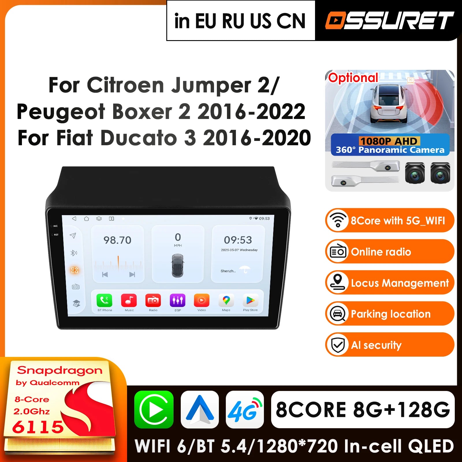 12.3" Car Radio Android Multimedia Player for Fiat Ducato Peugeot Boxer Citroen Jumper 2006-2022 - Carplay Autoradio DSP
