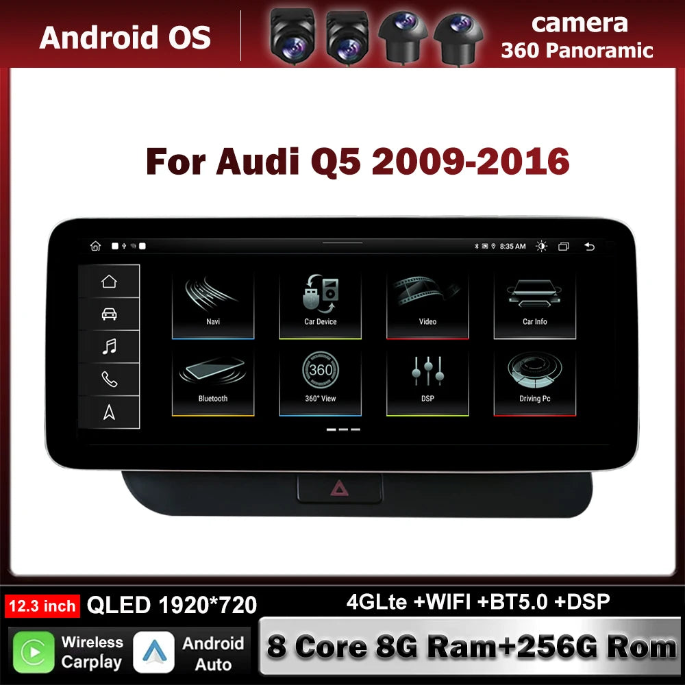 Android Auto 12.3 Inch For Audi Q5 2009-2016 Carplay Auto Car Radio Stereo WIFI 4G Split S