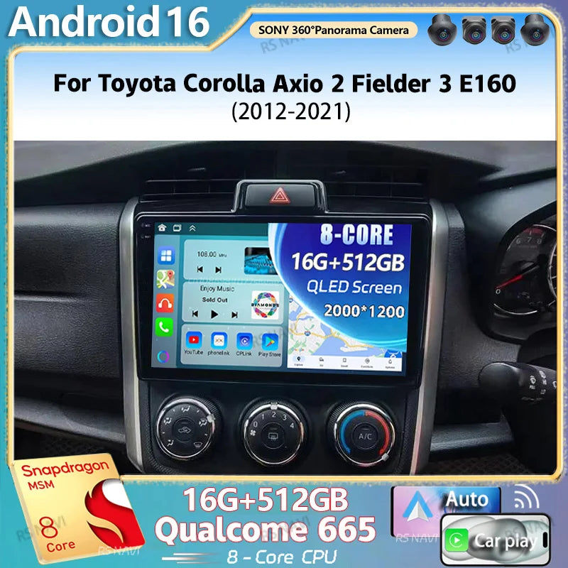 Android 16 For Toyota Corolla Axio 2 Fielder 3 E160 2012 - 2021 2K QLED Stereo Car Radio M