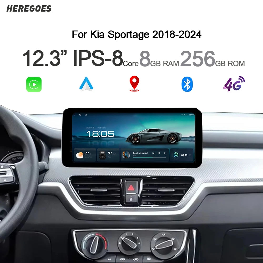 12.3" Wireless Carplay Android 14 Car Radio GPS for Kia Sportage R 2018-2022 - WiFi Bluetooth Multimedia Player with 8G