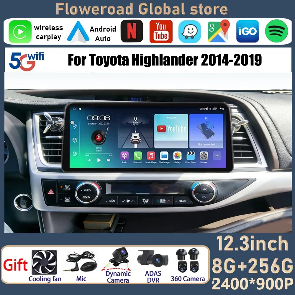 12.3 inch 2400*900 Android 15 For Toyota Highlander 2014-2019 Car Radio GPS Multimedia Pla | AUTOKITSHOP
