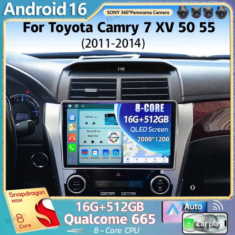 Android 16 For Toyota Camry 7 XV 50 55 2011 - 2014 2K QLED Android Car Radio Multimedia Vi