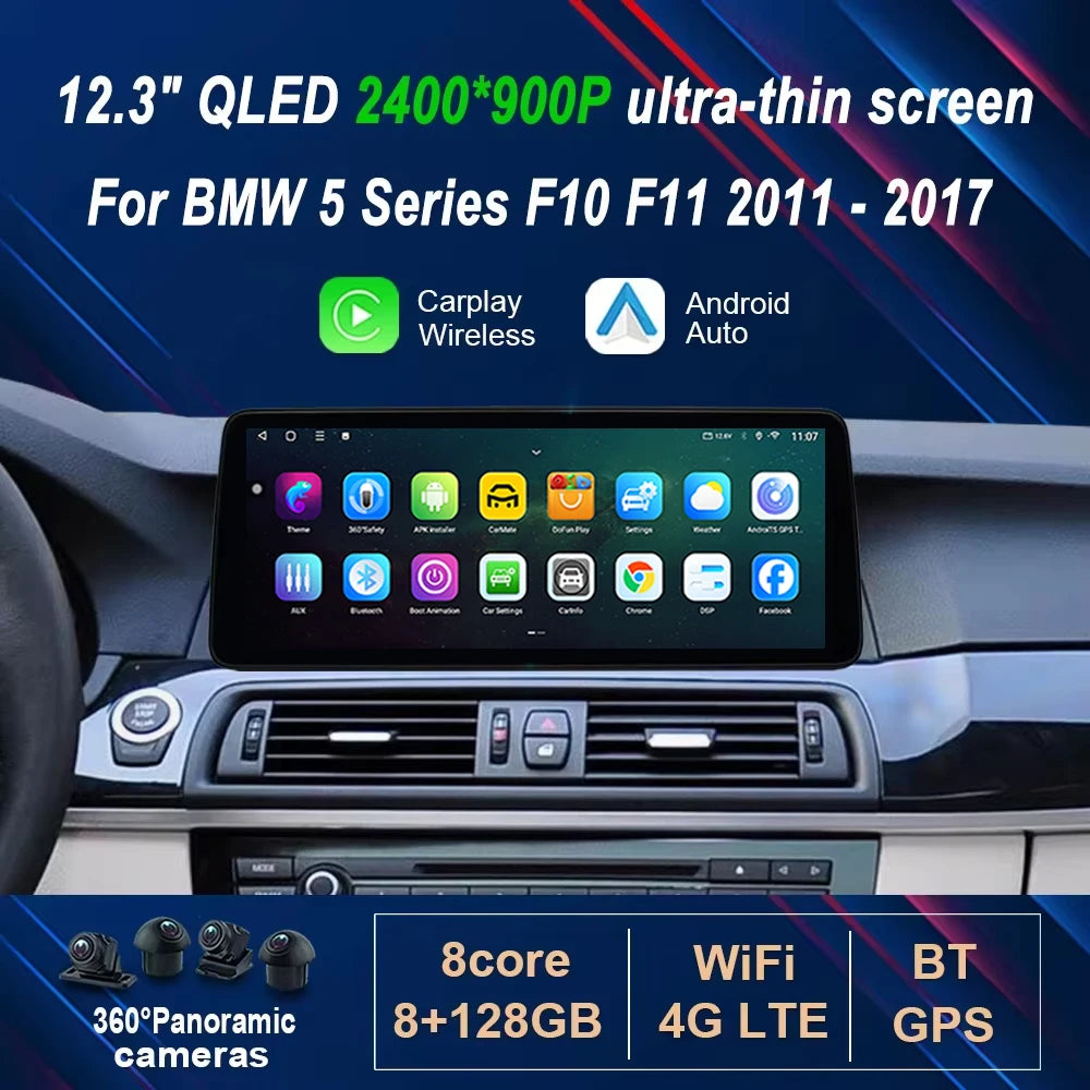 12.3' Ultra-thin Android 14 for BMW 5 Series F10 F11 2011 - 2017 GPS 4G WIFI Car Radio Vid