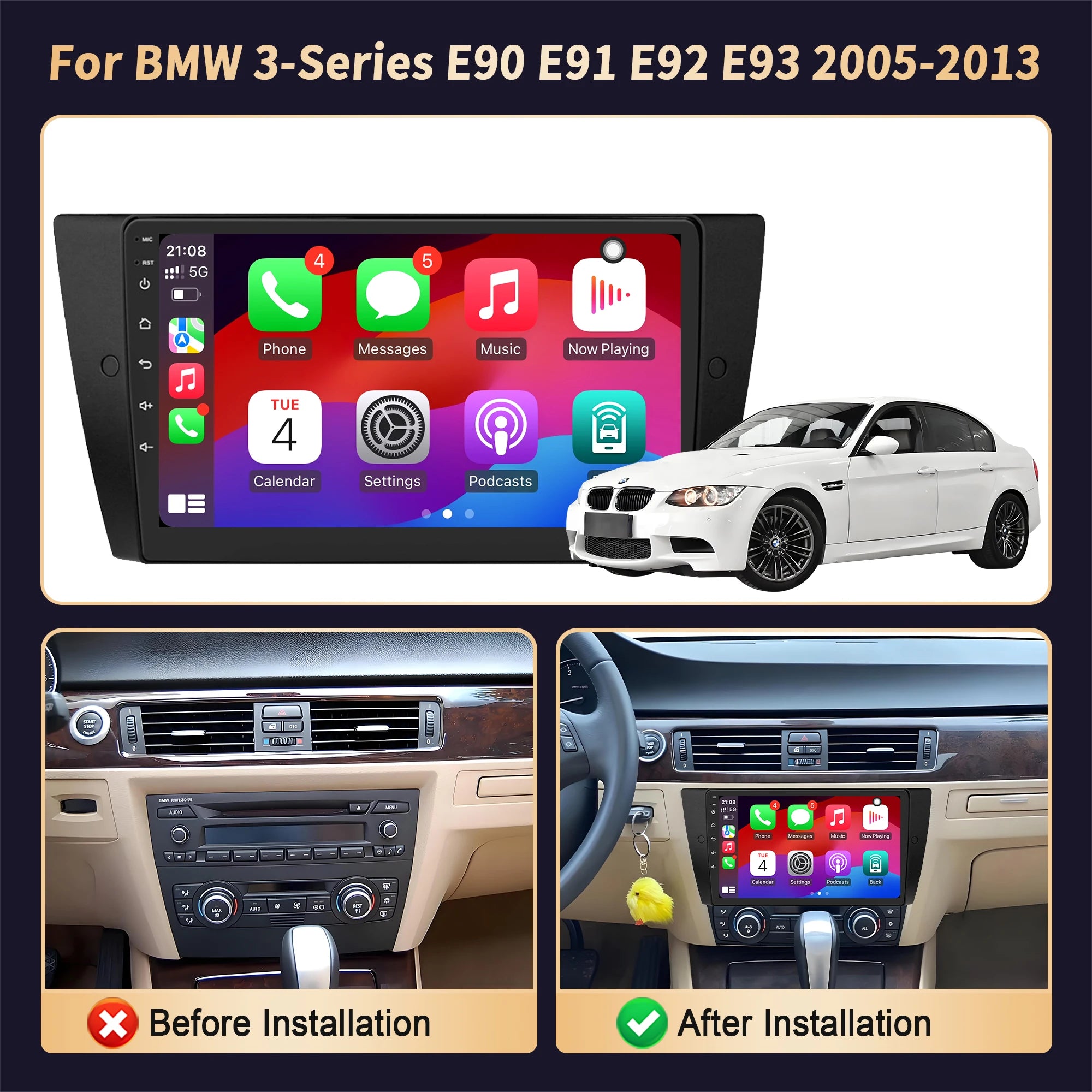 For BMW 3-Series E90 E91 E92 E93 2005-2013 Wireless CarPlay Android Auto Multimedia Naviga