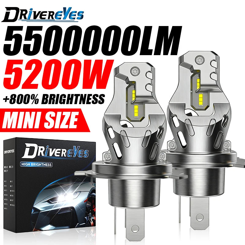 2x Fanless H4 H7 LED Headlight 1:1 Mini Size Head Lamp Wireless 5500000LM 16PCS 8035 CSP C