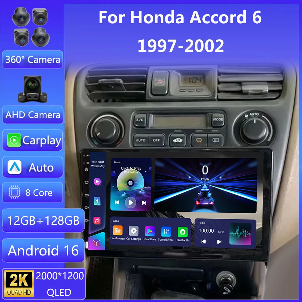 Android 16 Carplay Auto WIFI+4G Car Radio Multimedia Player For Honda Accord 6 1998 - 2003