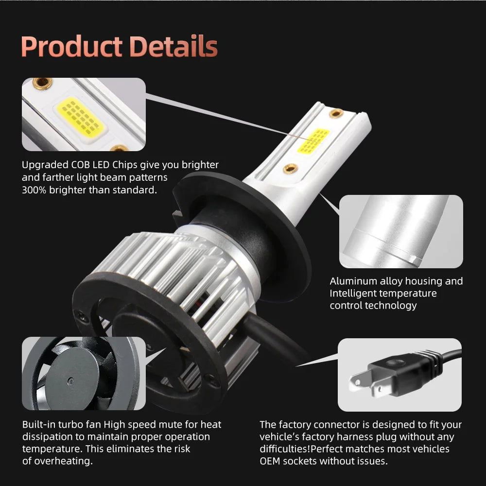 Car LED Headlight Bulbs H11 H7 Canbus No error 6000K Super White Turbo HeadLamp Plug and P