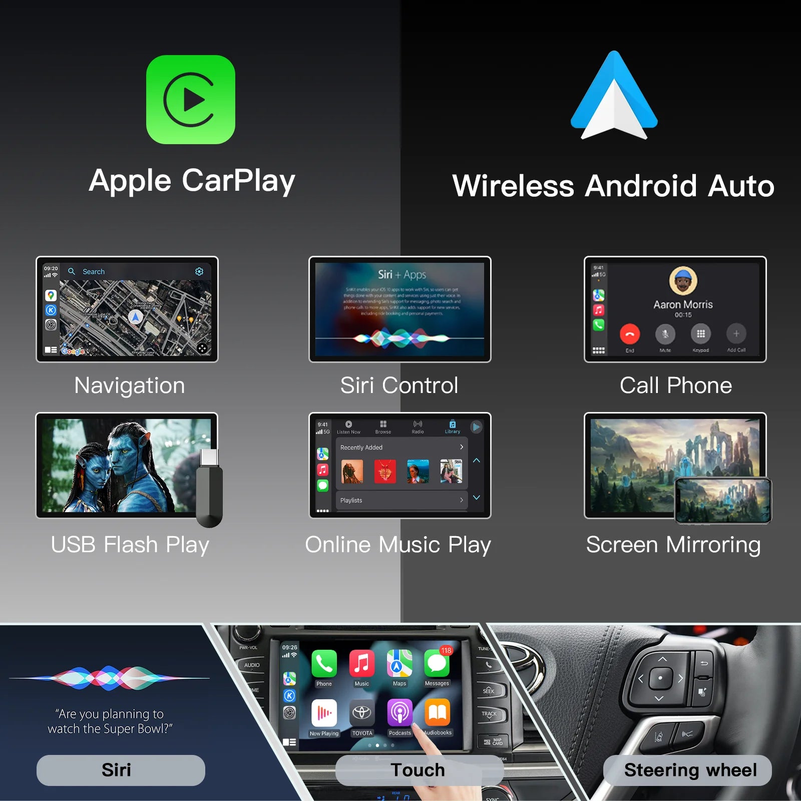 CARABC Wireless Carplay Android Auto For TOYOTA RAV4 Corolla Tacoma Camry CHR Tundra Highl