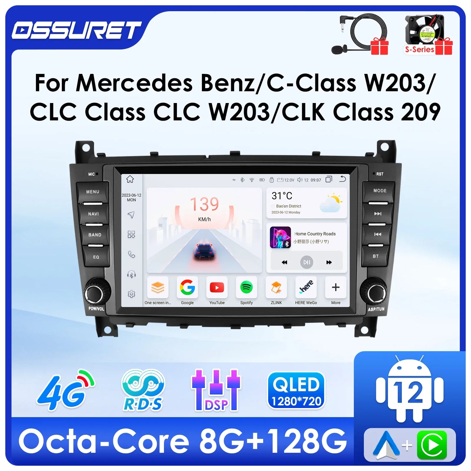 Android 12 Car radio Gps Stereo for Mercedes Benz W203 C180 C320 C55/W209 CLK200 CLK220 Mu