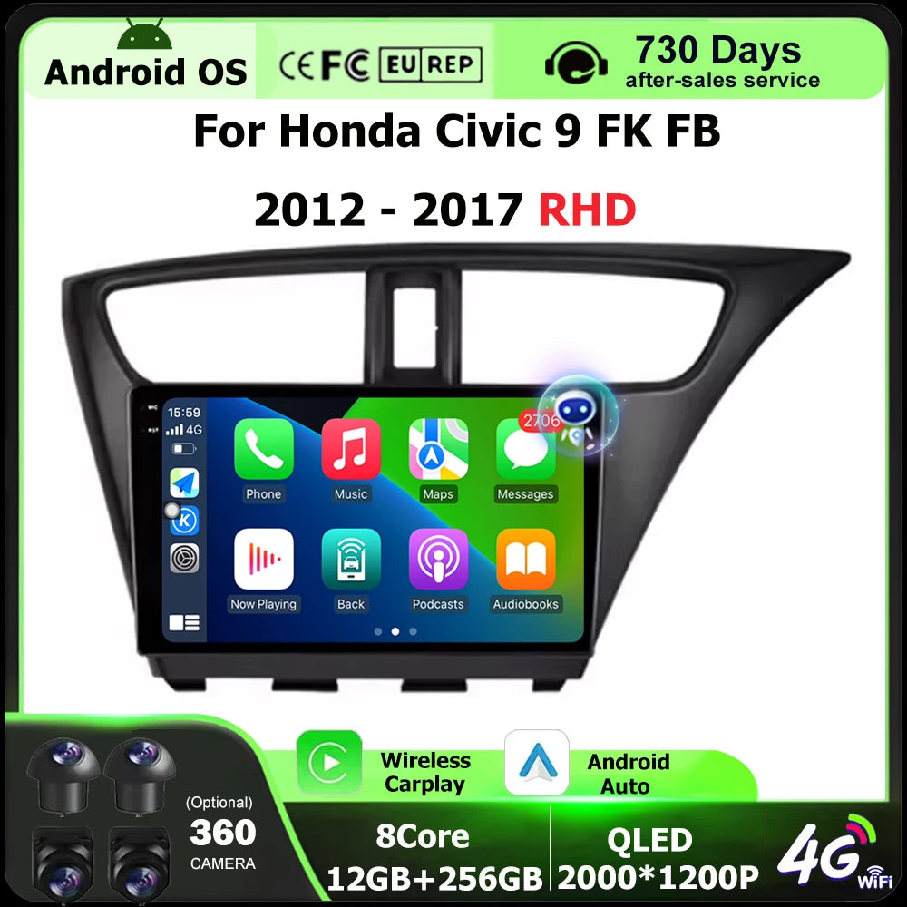9 Inch For Honda Civic 9 FK FB 2012 - 2017 RHD Android 16 Car Radio Multimedia Video Playe