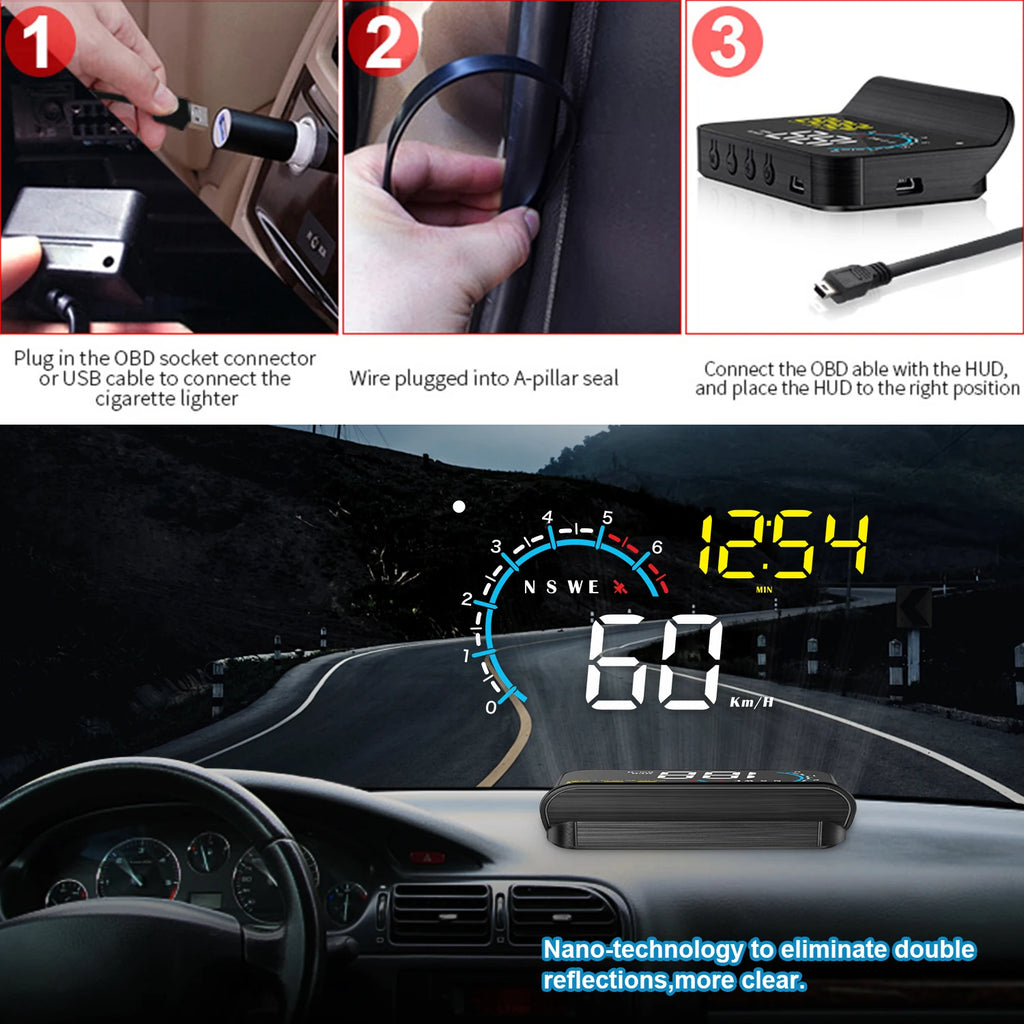 M12 HUD Windshield Projector OBD+GPS Car Head Up Display Speedometer Reflective Water temp RPM V - Automotive LED Light