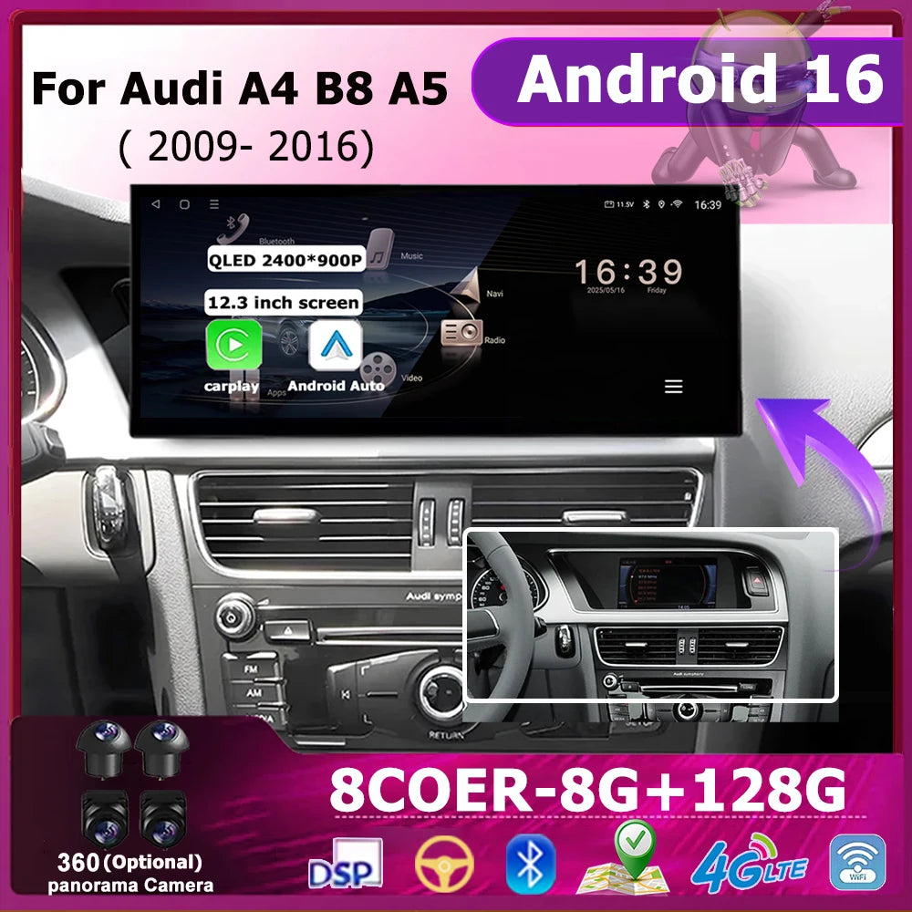 Android 16 Auto Wireless Carplay For Audi A4 B8 A5 2009 - 2016 Car Radio Multimedia Player
