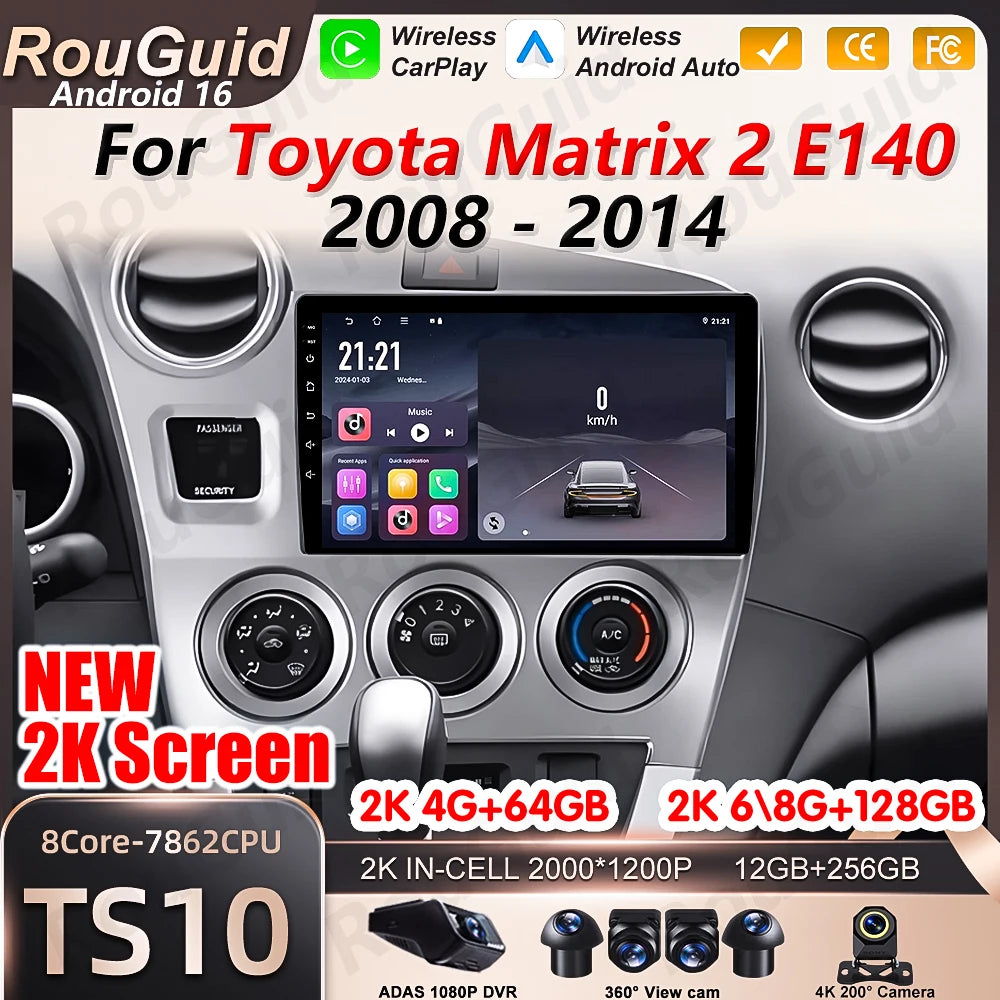 Android 16 Car Radio Carplay For Toyota Matrix 2 E140 2008 2009 2010 2011 2012 2013 2014 V | AUTOKITSHOP