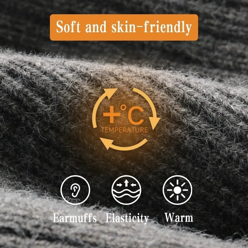 Faux Fur Lined Winter Knitted Hat Men Thick Soft Plush Warm Peaked Cap Ear Protection Earmuff Ou - Automotive LED Light