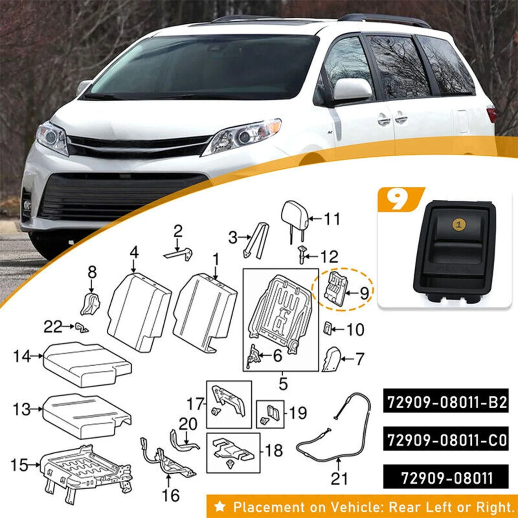 Rear Folding Seat Latch Release Handle Bezel Black 72909-08011 For Toyota Sienna 2014-2018