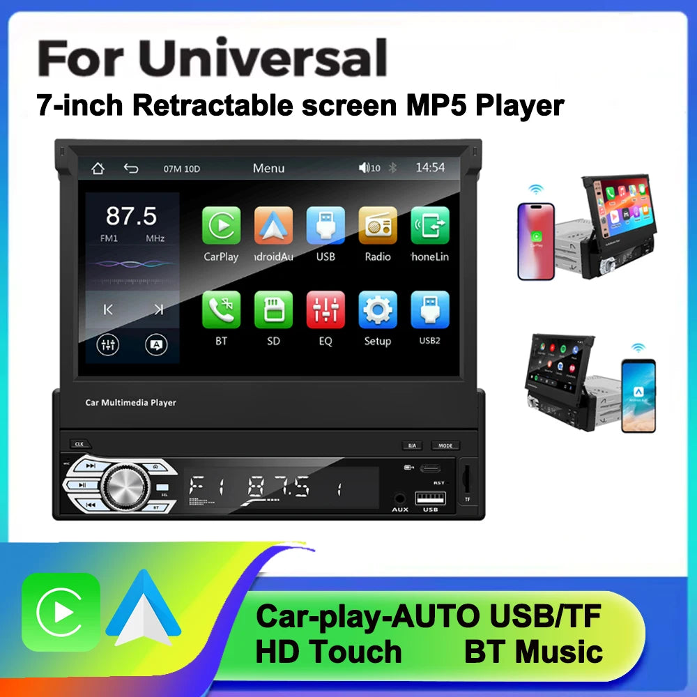 Wireless CarPlay Android Auto Universal 1 Din MP5 Player 7 Inch Manual Automatic Retractab