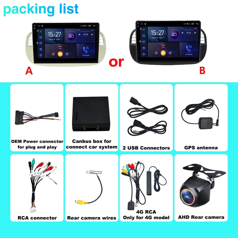 Car Radio Android Wireless Carplay For Fiat 500 2007 - 2015 Head Unit Multimedia Video Pla