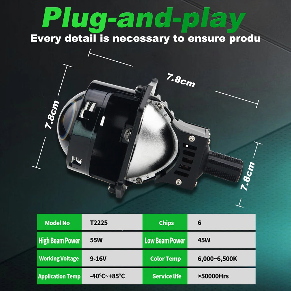 3.0 Inch 55W Bi Led Headlights Two Reflector Lenses Car Headlight 60000LM 6500K Motorcycle