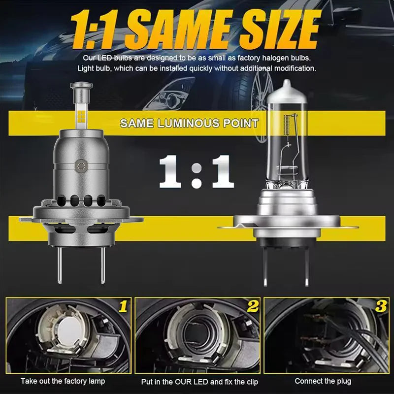 H7 H11 LED Headlight Bulbs 70W 30000LM 6000K White 4-Sided 360° CSP LED, 1:1 Mini Size, Pl