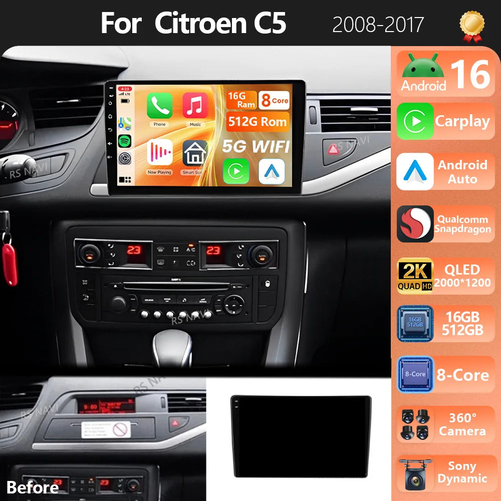 Plug and Play Android 16 For Citroen C5 2008 2009 2010 - 2017 Carplay Car Radio Multimedia