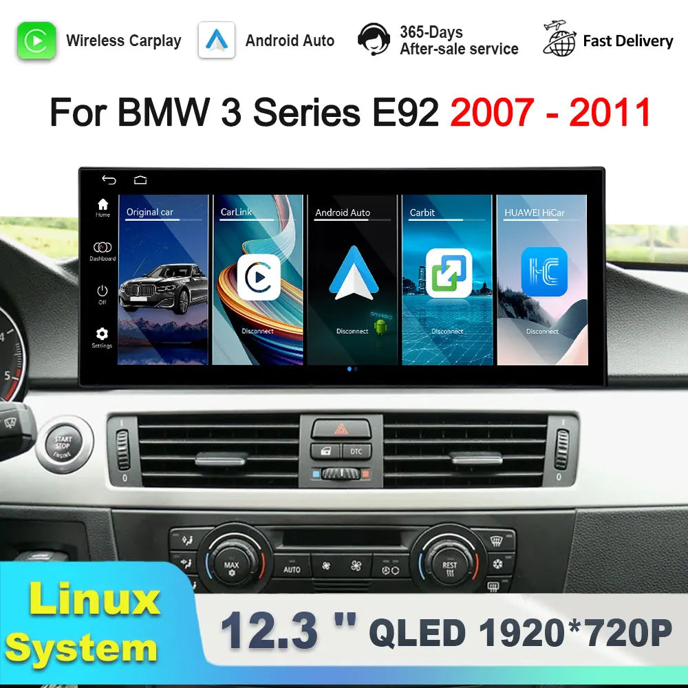 Linux System 12.3'' for BMW 3 Series E92 2007 - 2011 CCC/CLC Carplay Wired Android Auto Ca