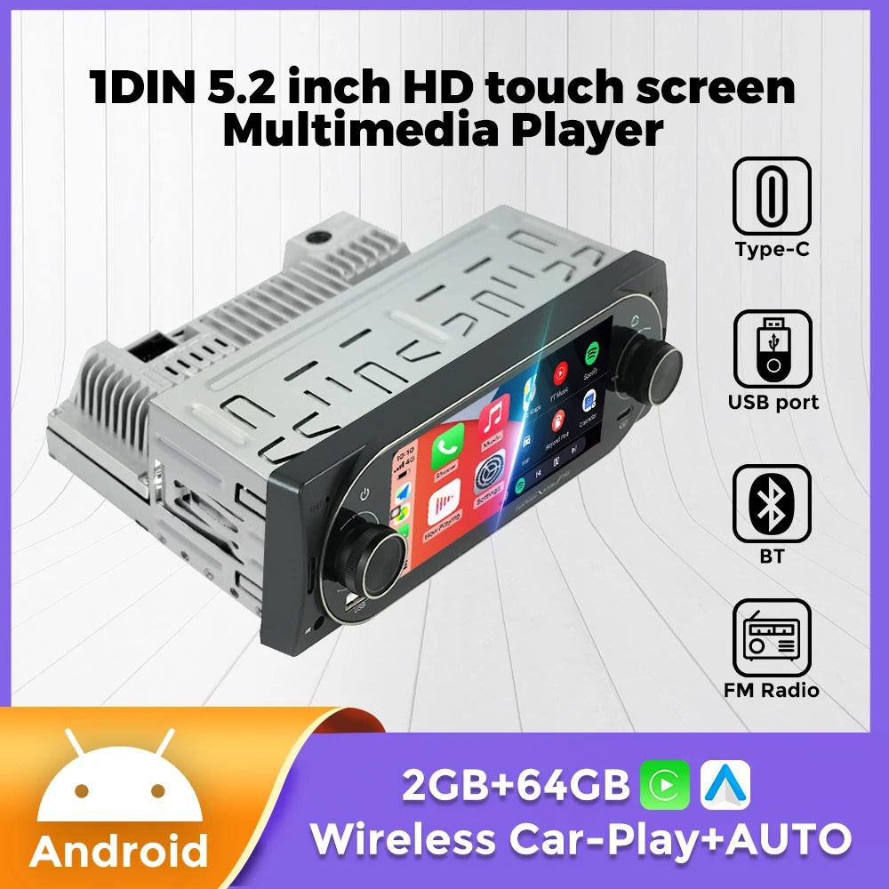5.2inch Android 13 1DIN Touch Screen Car Radio For Universal Autoradio Multimedia Video Pl