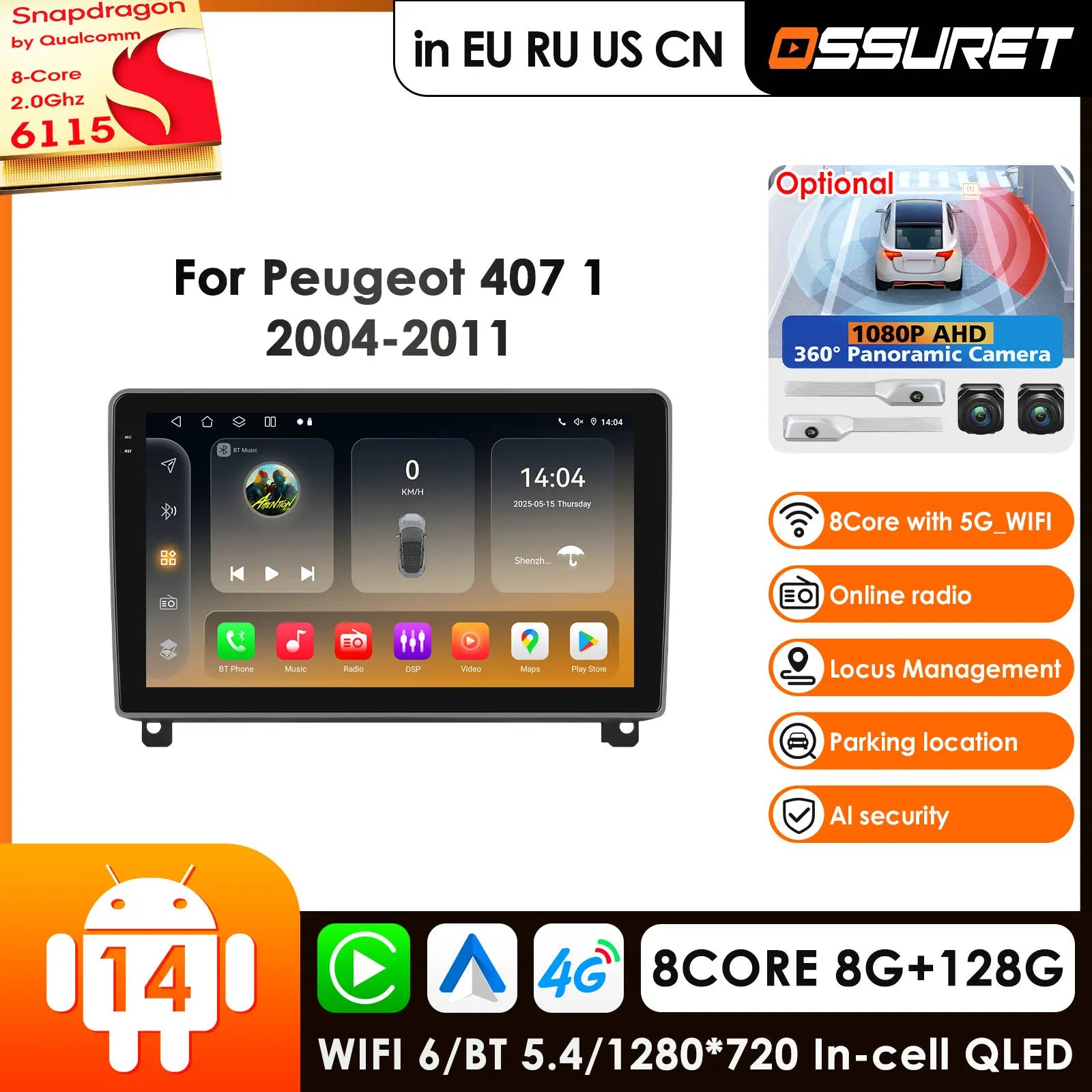 12.3" Car Radio GPS Android 14 for Peugeot 407 SW CC 2004-2011 - 4G LTE 360 Camera Carplay Auto Stereo RDS