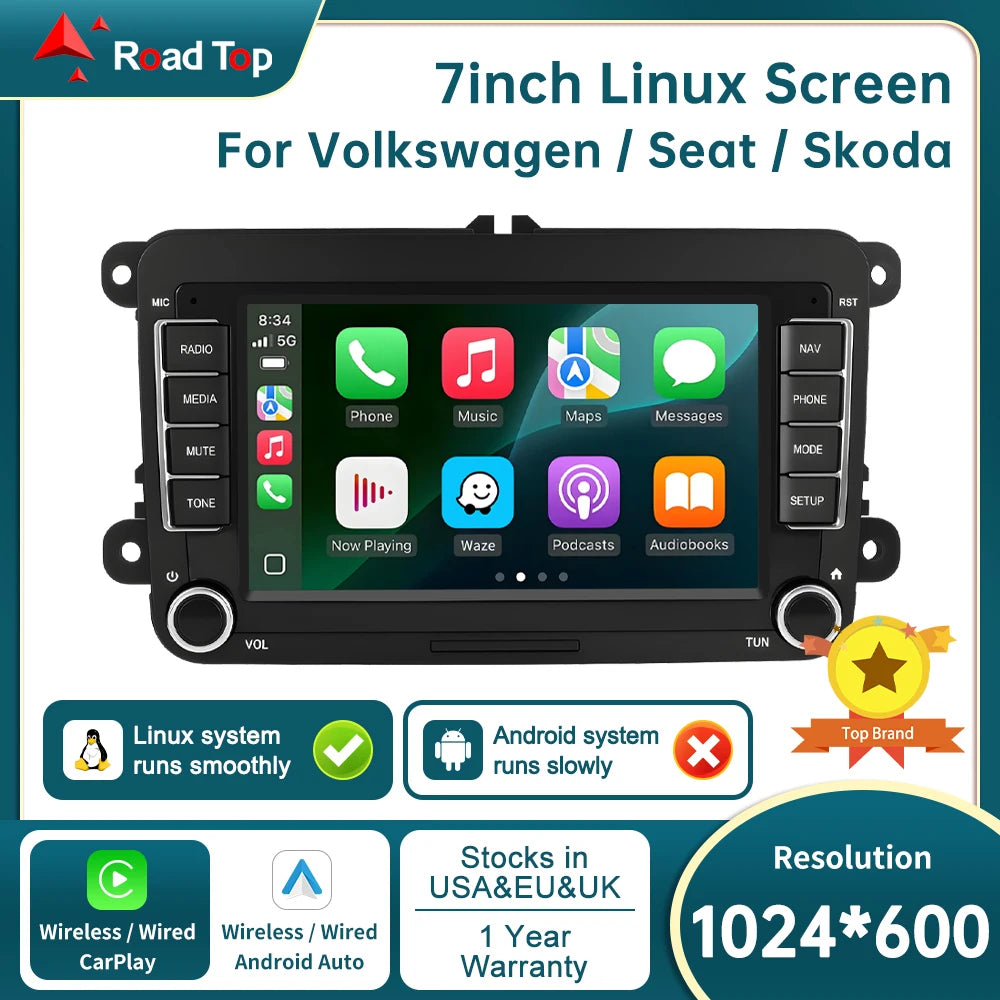 Road Top 7" CN For Volkswagen Seat Skoda Passat Golf Polo Player HD Car Radio Wireless Car
